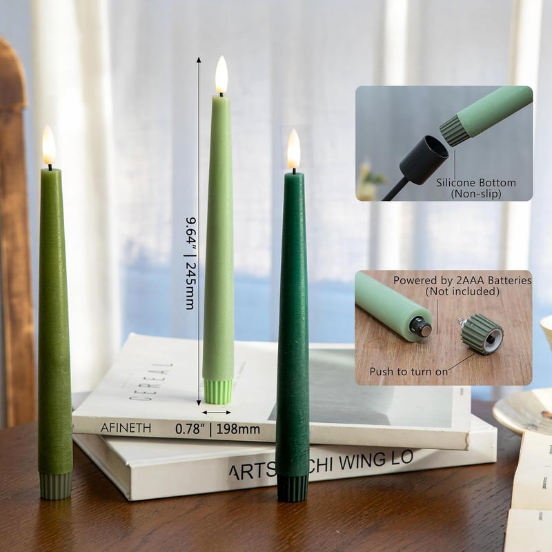 AFINETH Green Flameless Taper Candles, 9.6" Real Wax Battery Operated Candles with Remote, 3 Pack Flickering, Gradient Candlesticks, Fake Candle for Home, Wedding, Party Decor - Image 2